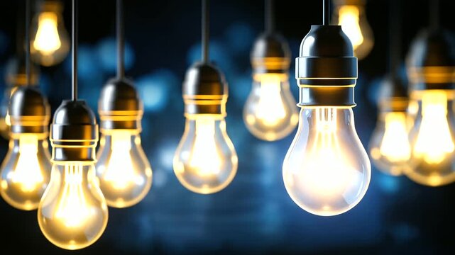 Distinctive glowing bulb symbolizing creativity and difference among standard bulbs, unique ideas concept, innovation visualization, inspirational metaphor, with copy space