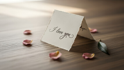 Greeting card with love message, romantic mood, on wooden background, with rose petals
