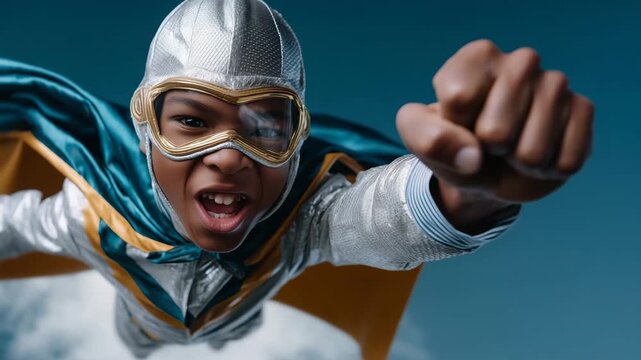 Happy child wearing an astronaut costume and pilot helmet flying upward with a jetpack, imaginative childhood dream concept, kid dressed as a space explorer and business hero