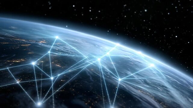 4k Multiple satellites orbiting planet Earth in outer space, global satellite network covering the planet, digital communication lines connecting continents