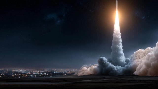 Powerful rocket launch at night from Earth surface, dramatic vertical composition with spacecraft ascending into deep space, bright engine flame and thick illuminated smoke 
