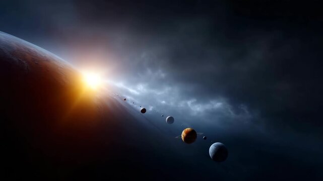 Planets aligned in deep space with glowing sunrise behind horizon, cosmic exploration concept, solar system scene, astronomy, universe mystery, celestial bodies and futuristic space background