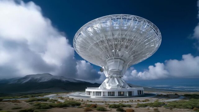 Very large radio telescope array with massive parabolic satellite dishes pointing toward the sky with copy space