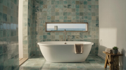 Fototapeta na wymiar A freestanding white bathtub in a bathroom with blue and green tiled walls, featuring a small window view of the ocean.