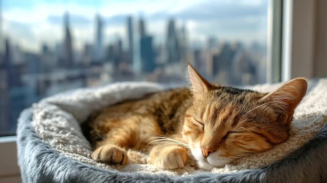 Cat peacefully napping in cozy bed with bright city backdrop visible through window, pet relaxation, urban apartment living, defocused skyline, with copy space
