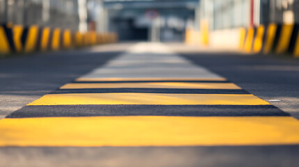 Abstract road with yellow and black striped pavement markings. A symmetrical pathway guides the eye, hinting at a restricted area. Visual interest and a sense of direction.