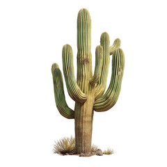 An impressive tall cactus with numerous arms reaching upwards, showcasing its unique structure and desert resilience on transparent background