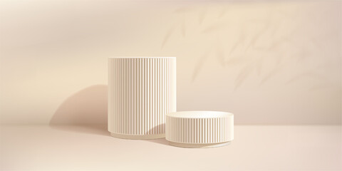 Beige bg product podium, soft plant gobo overlay. Marble 3d platform in creamy studio, leaf tree shadow. White fluted elegant pillar, cylinder platform. Skincare natural cosmetic pedestal two level