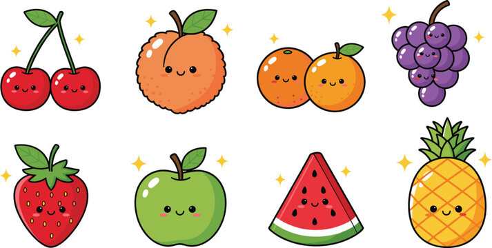Cute Kawaii Fruit Illustration Set Featuring Smiling Cartoon Cherries, Orange, Grapes, Strawberry, Apple, Watermelon, and Pineapple for Kids, Stickers, and Fun Design