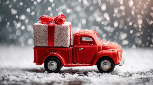 A miniature red pickup truck carrying a wrapped gift box with a red ribbon on a snowy surface. Bokeh background