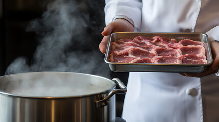 A chef in a white coat is preparing food. Steam rises from a pot, and the chef holds a tray of sliced meat, ready to add it to the cooking process in a professional kitchen.