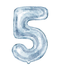 Watercolor hand painted of number five balloon isolated on white background.