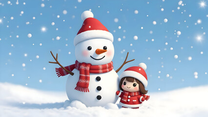 Fototapeta premium Snowman and little girl in winter wonderland scene with snowflakes