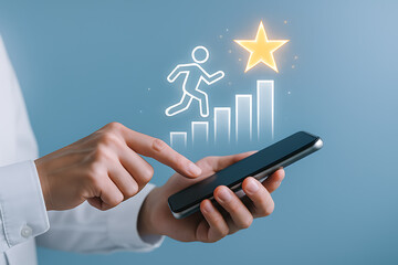 Business person holding mobile phone with digital graphic of progress bars staircase and star symbolizing success achievement and motivation concept