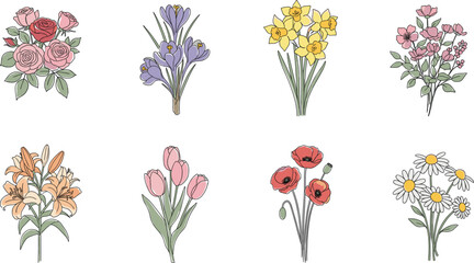 Hand Drawn Spring Flower Illustration Set Featuring Roses, Tulips, Daffodils, Lilies, Poppies, and Daisies in Soft Pastel Botanical Style for Floral Design