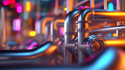 Industrial metallic pipes converge, illuminated by vibrant hues, creating a modern technological aesthetic. The scene is a fusion of industry and vibrant color play.