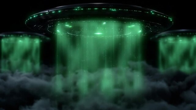 Three futuristic UFO alien spacecraft hovering in a dark space environment, classic flying 