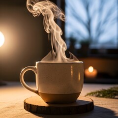 Steaming cup of coffee on a cozy wooden table