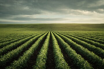 View of a vast soybean farm with lush green rows stretching towards the horizon under a cloudy sky in the early morning light