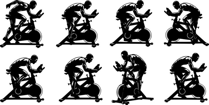 Indoor Cycling Silhouettes &ndash; Stationary Bike Workout, Spin Class Poses, Gym Cardio Training, Fitness Exercise Vector Illustration Set
