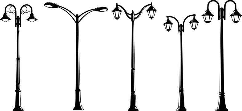 Streetlight silhouette collection, dual arm lamp post designs, urban lighting illustration, modern city pole artwork, outdoor night architecture