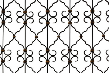 Decorative black metal grille, isolated on white background.