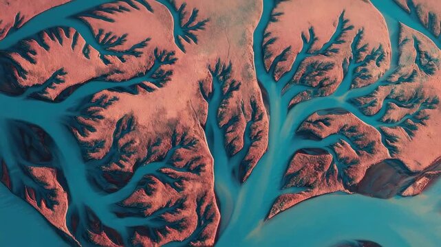 Aerial view of a braided river delta with turquoise channels weaving through reddish-brown land.