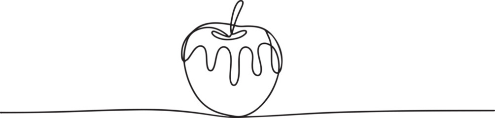 A single line drawing of a chocolate covered apple. Continuous line a piece apple icon. one line Icon drawing
