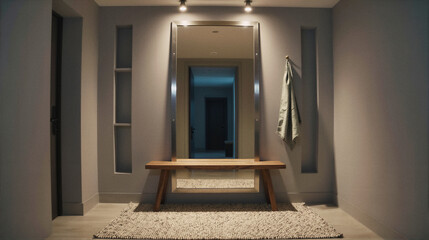 A modern hallway entryway featuring a wooden bench, large mirror with backlighting, and wall-mounted coat rack with a towel.