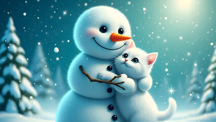 Obraz premium A snowman and kitten embrace in a winter wonderland scene
