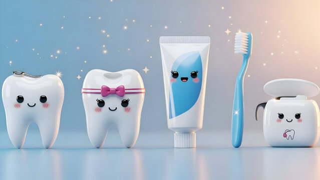 Toothbrush toothpaste and tooth figurines with cartoon faces
