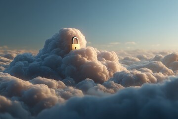 Visual representation of cloud-based file storage and secure data backup featuring a padlock resting on a cloud against a serene sky backdrop