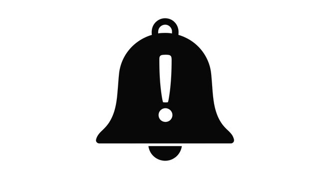 A striking black bell icon illustration with a prominent exclamation point showcasing a clean silhouette