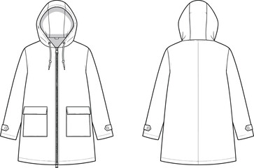 Minimal hooded parka technical fashion illustration front and back view long zip coat patch pockets blank outerwear vector © Creative Art