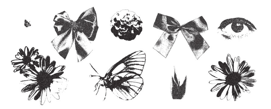 Photocopy vintage bow, camomile and butterflies. Ribbon and threshold collage effect. Dotted stippling black grunge summer butterfly elements. Vector y2k gritty retro shapes isolated no bg.