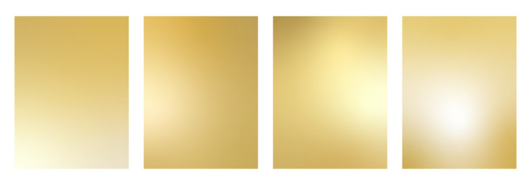 Gold brass texture background set. Vector wall metallic gradient set. Vertical smooth golden gradation. Collection soft cooper bg. Elegant brass gradient with polished metallic sheen.