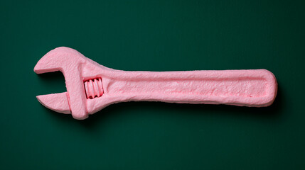 Adjustable wrench made of soft pink marshmallow on a dark green background. Concept of ineffective tools, soft solutions, flexibility, and fragility