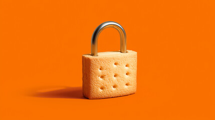 Padlock with a cracker-shaped body on a solid orange background, Fragile Security Concept, data vulnerability, weak protection, cybersecurity