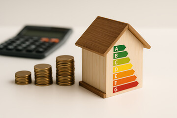 Energy efficiency wooden house with saving coins and calculator for eco financial concept
