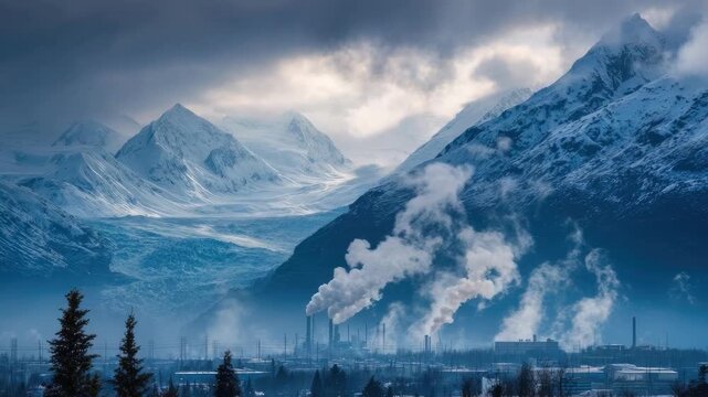 Snowy mountains loom over an industrial area with smokestacks billowing white plumes.