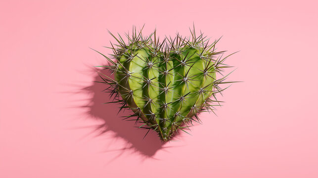 Green cactus heart with sharp thorns on a pink background. Concept of difficult love, painful relationships, emotional protection, and vulnerability
