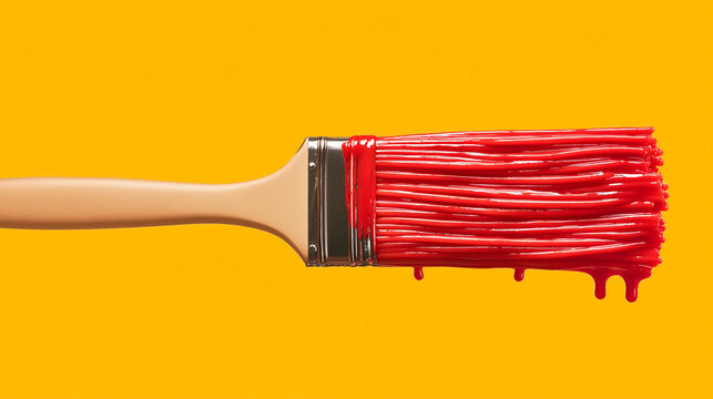 Brush with spaghetti bristles with red sauce on a yellow background, concept of culinary art and creativity
