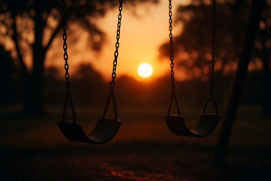 Empty swings silhouetted against warm golden sunset in peaceful park environment - Powered by Adobe