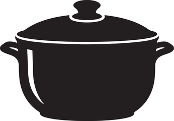 Black silhouette of a lidded cooking pot with handles, representing a vessel for preparing food and culinary arts also transparent background