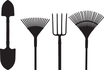 Collection of black silhouettes of garden tools including a shovel, two rakes, and a pitchfork, representing outdoor work and landscaping also transparent background