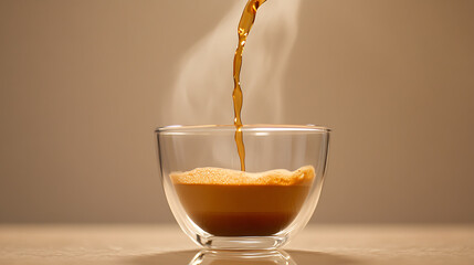 Pouring hot coffee into a glass cup, creating steam and a tempting aroma. Rich, dark liquid cascading, promising a moment of indulgence. Simplicity and warmth combined.