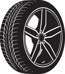 Fototapeta premium Detailed black and white of a car tire and rim with a distinct tread pattern and five-spoke wheel showcasing automotive engineering and vehicle components also transparent background