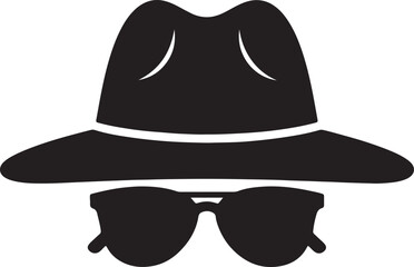 Iconographic representation of a fedora hat and dark sunglasses, symbolizing mystery, espionage, secret agents, and a classic noir detective aesthetic also transparent background