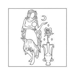 Art nouveau style woman with very long hair holding sun and moon hand drawn monochrome adult coloring book page