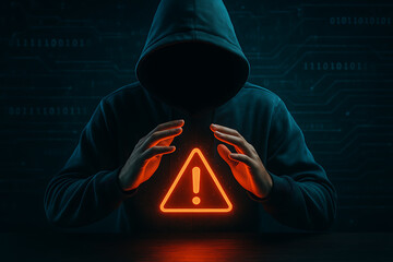 Hacker in hooded sweatshirt holding illuminated warning sign symbolizing cybercrime security risk malware attack and dangerous online activity illustration
